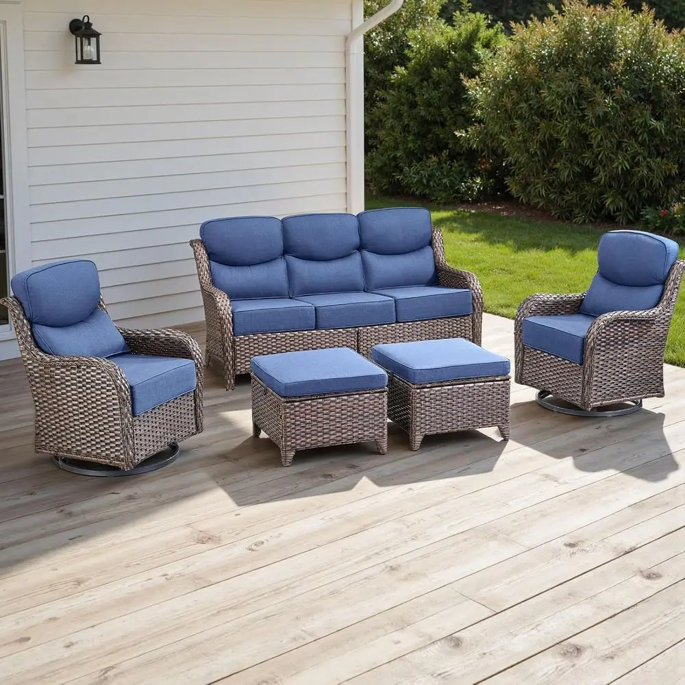 5-Piece Outdoor Patio Furniture Set with Swivel Rocker Chairs, Ottomans, Sofa, 6 Cushions, Waterproof Wicker, Brown/Blue
5-Piece Outdoor Patio Furniture Set with Swivel Rocker Chairs, Ottomans, Sofa, 6 Cushions, Waterproof Wicker, Brown/Blue