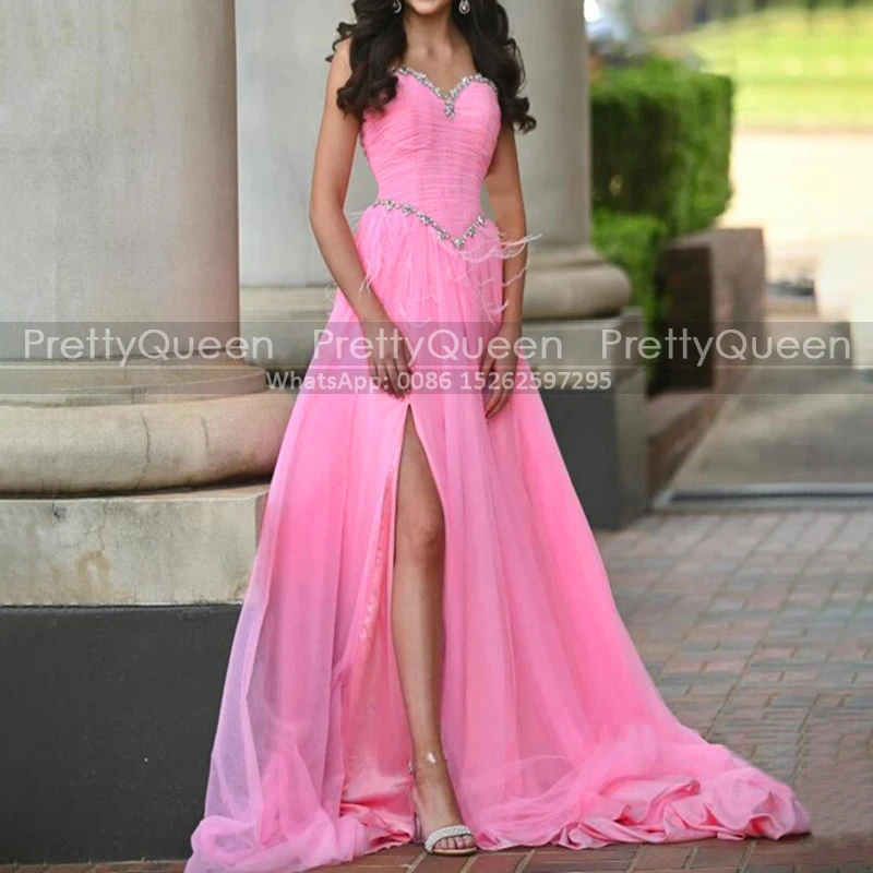 Customized Feather A Line Prom Dresses With Beaded Sweetheart High Slit Long Sweep Train Pink Tulle Party Dress
Customized Feather A Line Prom Dresses With Beaded Sweetheart High Slit Long Sweep Train Pink Tulle Party Dress