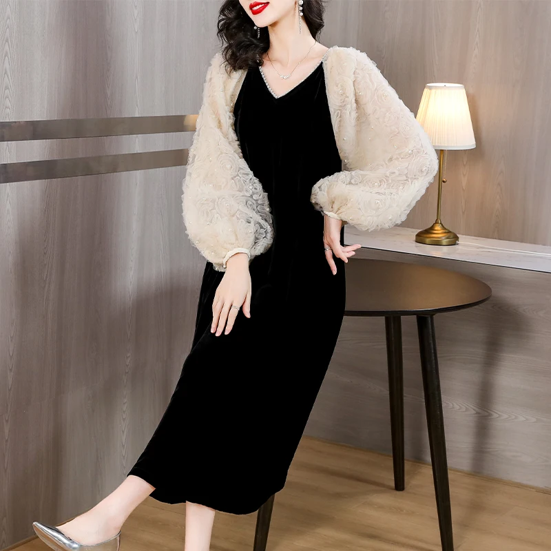 Bonnie thea Autumn Black Velvet Dress Women Lace Embroidered long Lantern Sleeve Loose Vintage Party Vestidos Midi Dress
Bonnie thea Autumn Black Velvet Dress Women Lace Embroidered long Lantern Sleeve Loose Vintage Party Vestidos Midi Dress