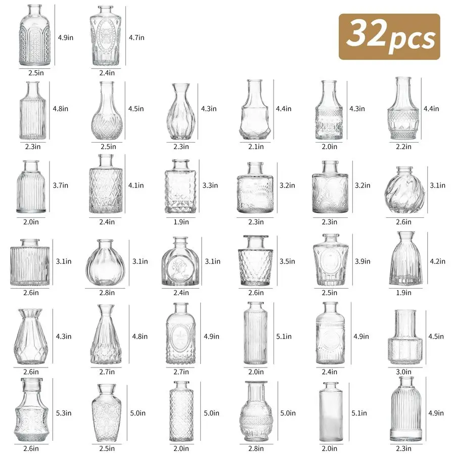 Набор из 32 винтажных прозрачных стеклянных вазочек для цветов, стеклянные вазы оптом, мини-вазы для центральных композиций
Набор из 32 винтажных прозрачных стеклянных вазочек для цветов, стеклянные вазы оптом, мини-вазы для центральных композиций