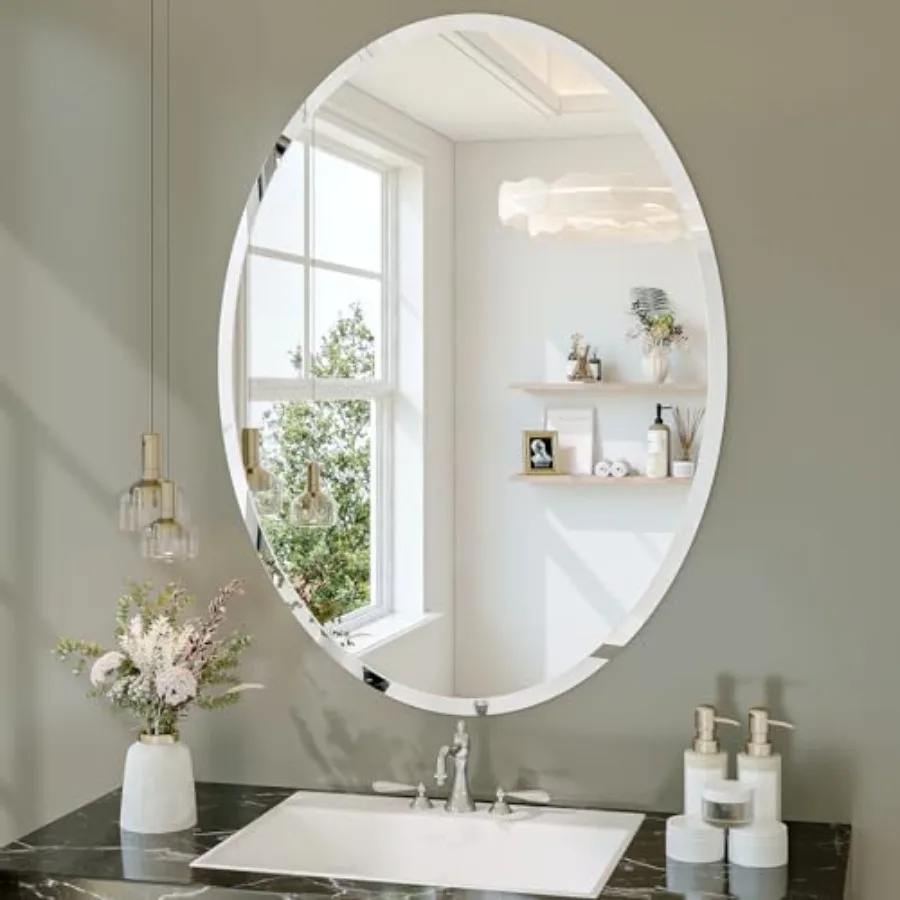 Bathroom vanity mirror for wall mounting, beveled edge glass, silver, frameless oval design with versatile horizontal or vertic
Bathroom vanity mirror for wall mounting, beveled edge glass, silver, frameless oval design with versatile horizontal or vertic