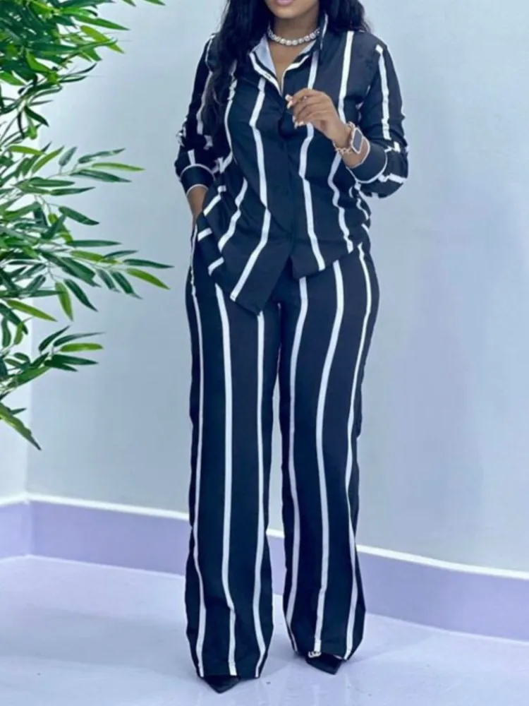 Striped Printed Long-sleeved Shirt Women's Suit Spring Autumn New Simple Casual Straight Pants Elegant Femaleo 2 Piece Set
Striped Printed Long-sleeved Shirt Women's Suit Spring Autumn New Simple Casual Straight Pants Elegant Femaleo 2 Piece Set