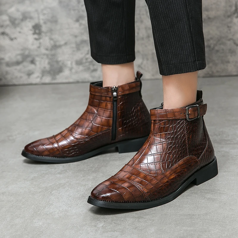 Men's Leather Crocodile Print Ankle Boots, Luxury Dress Shoes, Black, Brown, Blue, Zip Buckle, Wedding, Office, Chelsea Boots
Men's Leather Crocodile Print Ankle Boots, Luxury Dress Shoes, Black, Brown, Blue, Zip Buckle, Wedding, Office, Chelsea Boots