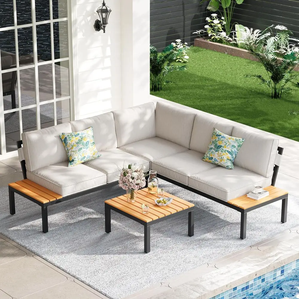 Outdoor Patio Furniture Set, Durable Metal Frame Outdoor Sectional with WoodLook Table amp Waterproof Cushions, AllWeather Conv
Outdoor Patio Furniture Set, Durable Metal Frame Outdoor Sectional with WoodLook Table amp Waterproof Cushions, AllWeather Conv