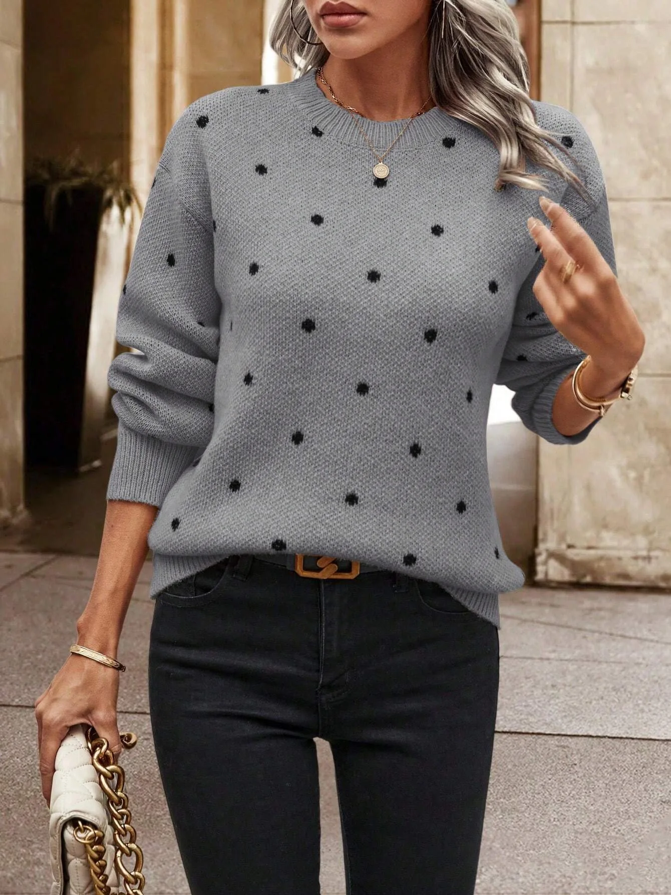 Women's Polka Dot Crew Neck Knit Sweater, Casual Long Sleeve Textured Pullover, Fall Winter Basic Jumper
Women's Polka Dot Crew Neck Knit Sweater, Casual Long Sleeve Textured Pullover, Fall Winter Basic Jumper