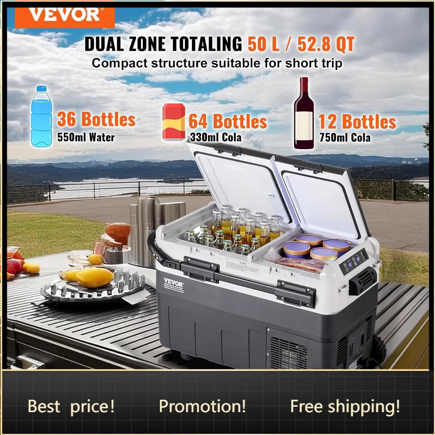 Car Refrigerator 50L / 52.8 QT, Dual Zone 12 Volt Compressor Fridge, -4℉ to 68℉ Adjustable, Portable Freezer Cooler for Car, RV,
Car Refrigerator 50L / 52.8 QT, Dual Zone 12 Volt Compressor Fridge, -4℉ to 68℉ Adjustable, Portable Freezer Cooler for Car, RV,