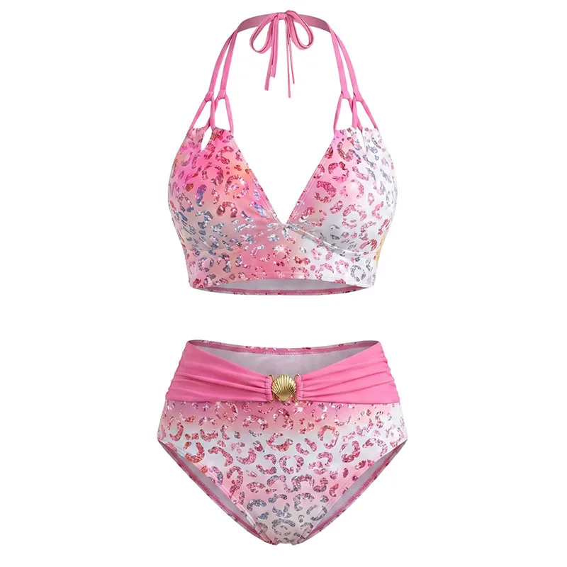 Dressfo Women's Beach Vacation Bikini Swimsuit Ombre Sequined Leopard Print Ruched Halter Swimwear Set
Dressfo Women's Beach Vacation Bikini Swimsuit Ombre Sequined Leopard Print Ruched Halter Swimwear Set