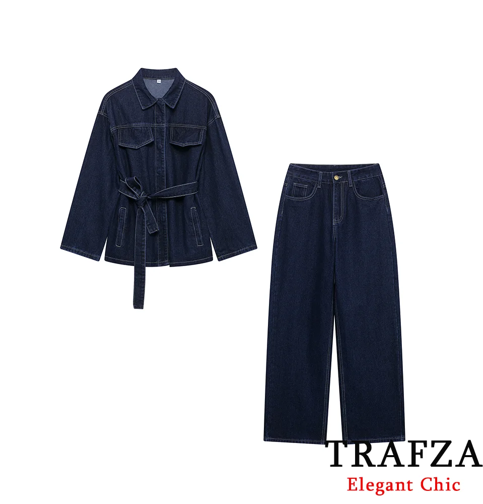 TRAFZA Women Retro Elegant Denim Set Pant Waist Strap Lapel Or Denim Pant Set New 2025 Spring Fall Fashion Commuter Casual Set
TRAFZA Women Retro Elegant Denim Set Pant Waist Strap Lapel Or Denim Pant Set New 2025 Spring Fall Fashion Commuter Casual Set