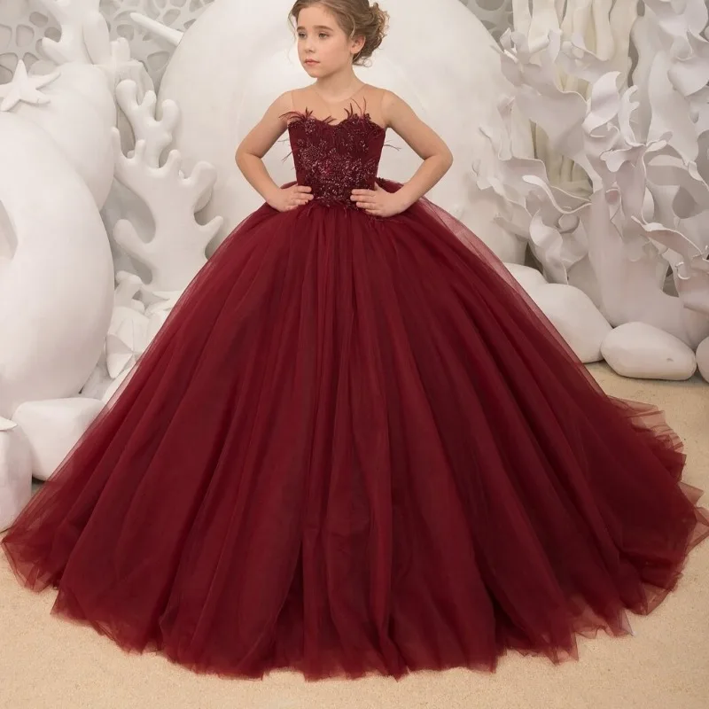 Customized Flower Girl Dress Burgundy Sleeveless Feathers for Wedding Party Birthday Princess Tulle Gown
Customized Flower Girl Dress Burgundy Sleeveless Feathers for Wedding Party Birthday Princess Tulle Gown