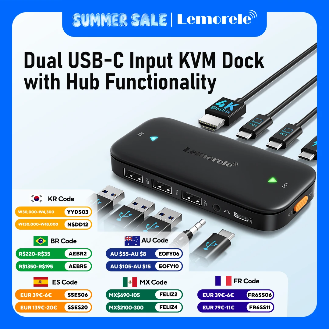 Lemorele H200 USB-C KVM Switch USB HUB 4k@60Hz Dual HDMI to HDMI 100W PD Plug And Play 480 Mbps KVM Switcher for PC Laptop
Lemorele H200 USB-C KVM Switch USB HUB 4k@60Hz Dual HDMI to HDMI 100W PD Plug And Play 480 Mbps KVM Switcher for PC Laptop