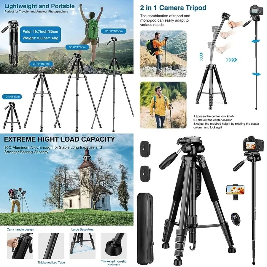 Tripod for Camera, 72" Tall Camera Tripod Monopod with Remote, Professional Heavy Duty Compact Camera Stand for Phone,DSLR, Spotting Scope, Telescope, Binocular
Tripod for Camera, 72" Tall Camera Tripod Monopod with Remote, Professional Heavy Duty Compact Camera Stand for Phone,DSLR, Spotting Scope, Telescope, Binocular