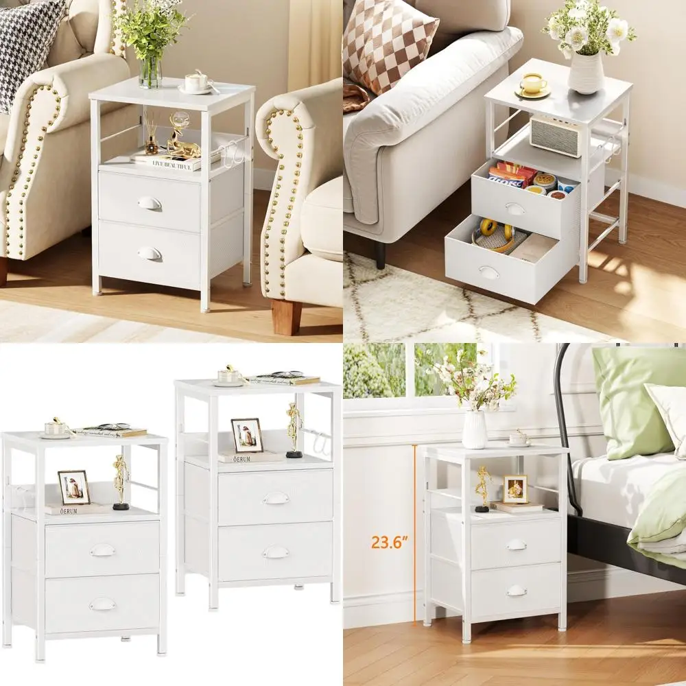 Pair of White Nightstands with Fabric Drawers, Hooks, and Open Shelf for Bedrooms and Living Spaces
Pair of White Nightstands with Fabric Drawers, Hooks, and Open Shelf for Bedrooms and Living Spaces
