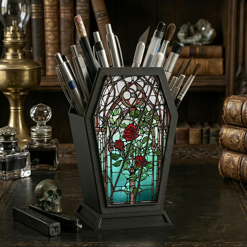 Gothic Coffin Pen Holder with Stained Glass Red Rose Print - Spooky Dark Academia Desk Organizer for Gothic & Witchy Lovers
Gothic Coffin Pen Holder with Stained Glass Red Rose Print - Spooky Dark Academia Desk Organizer for Gothic & Witchy Lovers