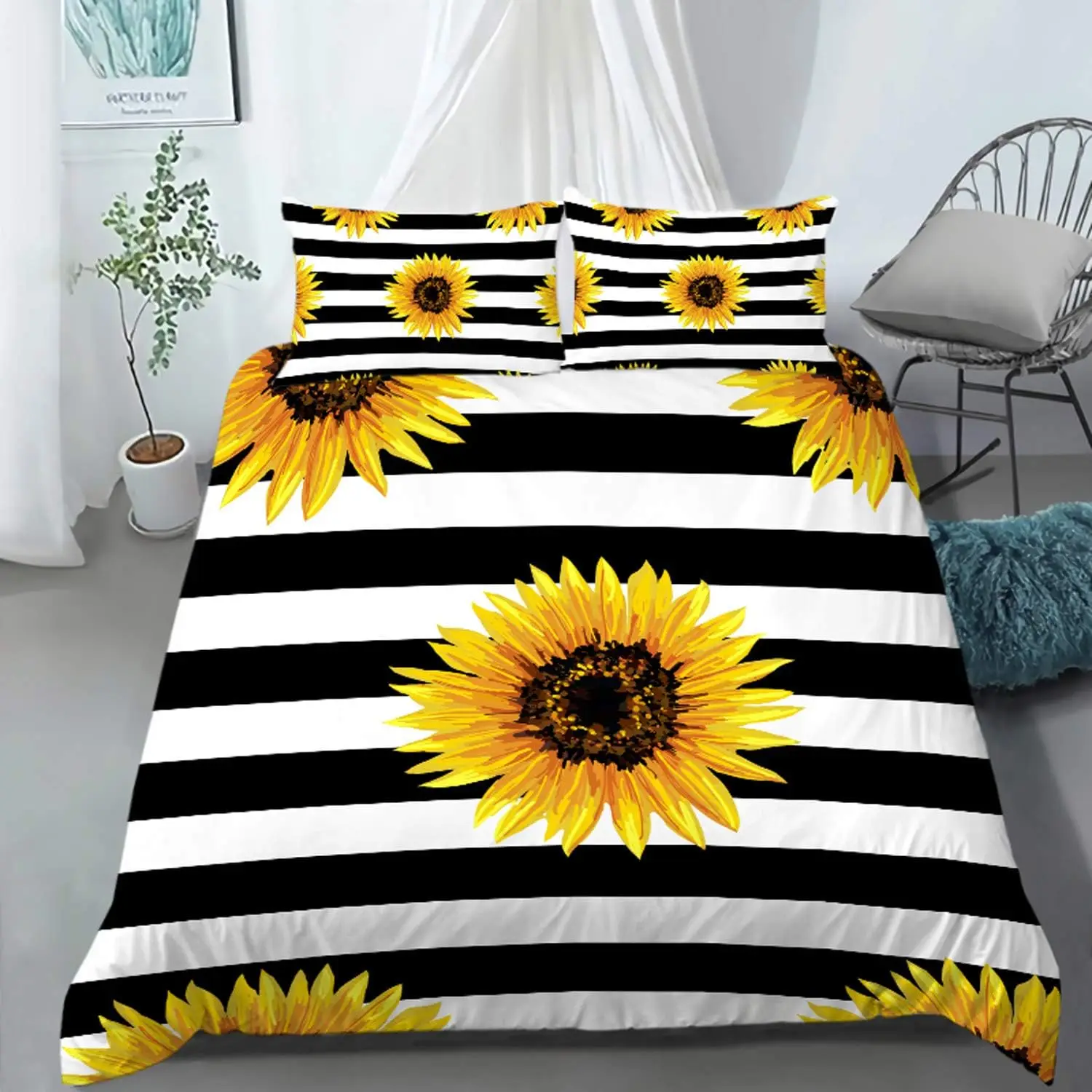 Sunflower Bedding Set Black and White Striped Flower Duvet Cover Set Yellow Flower Bed Cover Set Printed Stripe Comforter Cover
Sunflower Bedding Set Black and White Striped Flower Duvet Cover Set Yellow Flower Bed Cover Set Printed Stripe Comforter Cover