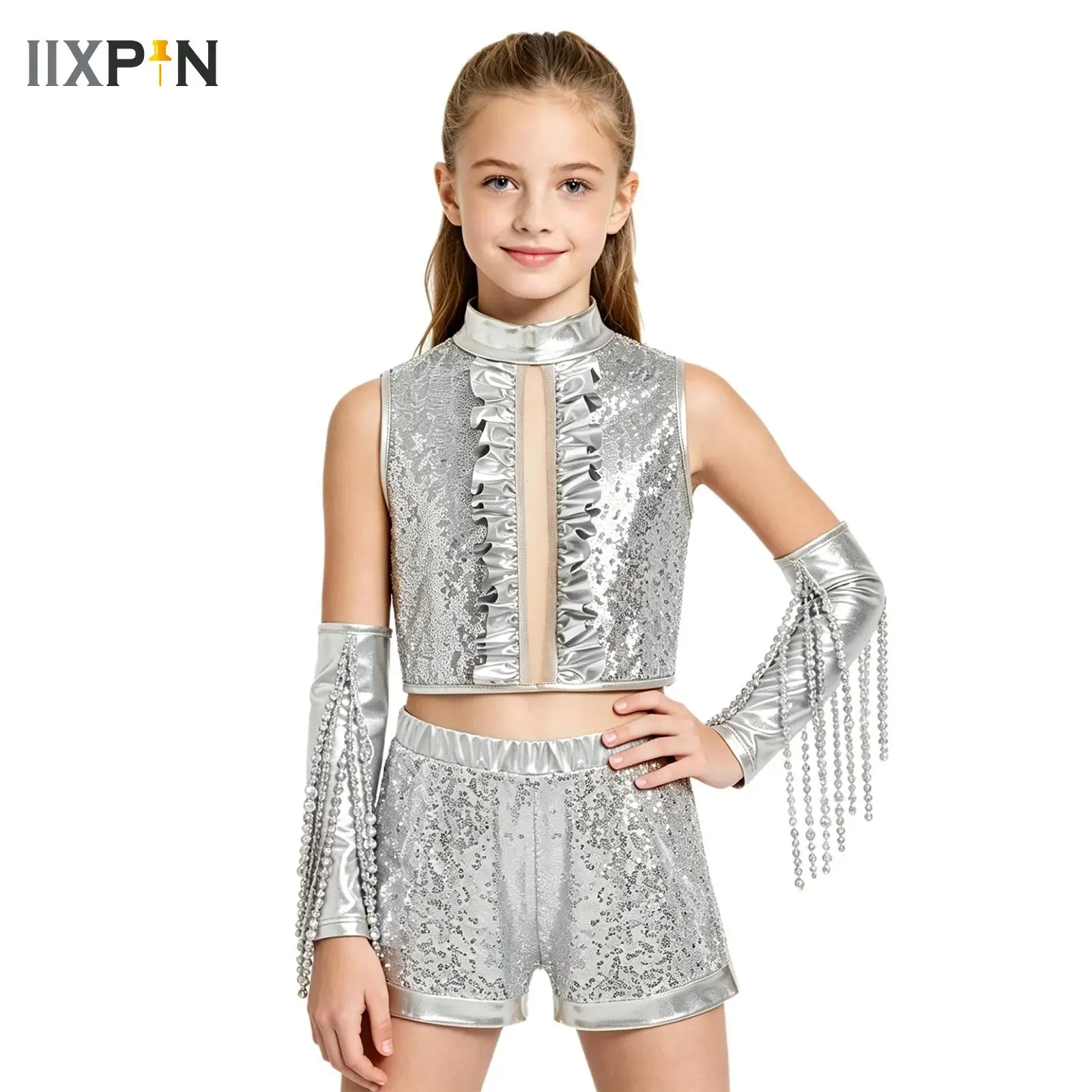 Kid Girls Ballet Dance Set Sequin Crop Top with Shorts Gloves Outfit Street Jazz Modern Lyrical Hip Hop Jazz Performance Costume
Kid Girls Ballet Dance Set Sequin Crop Top with Shorts Gloves Outfit Street Jazz Modern Lyrical Hip Hop Jazz Performance Costume