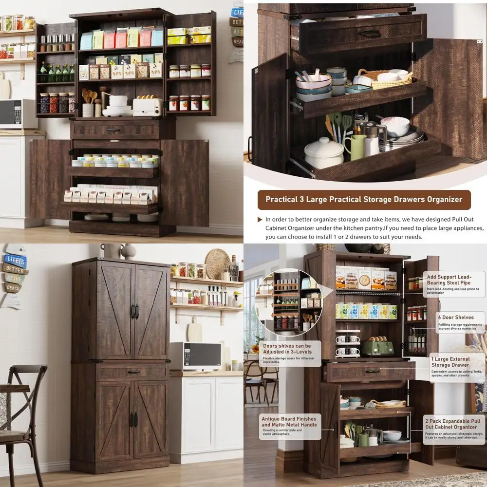 Farmhouse Style Tall Kitchen Pantry Cabinet with 3 Drawers and 6 Barn Door Shelves for Storage, Featuring Load-Bearing Steel Pip
Farmhouse Style Tall Kitchen Pantry Cabinet with 3 Drawers and 6 Barn Door Shelves for Storage, Featuring Load-Bearing Steel Pip