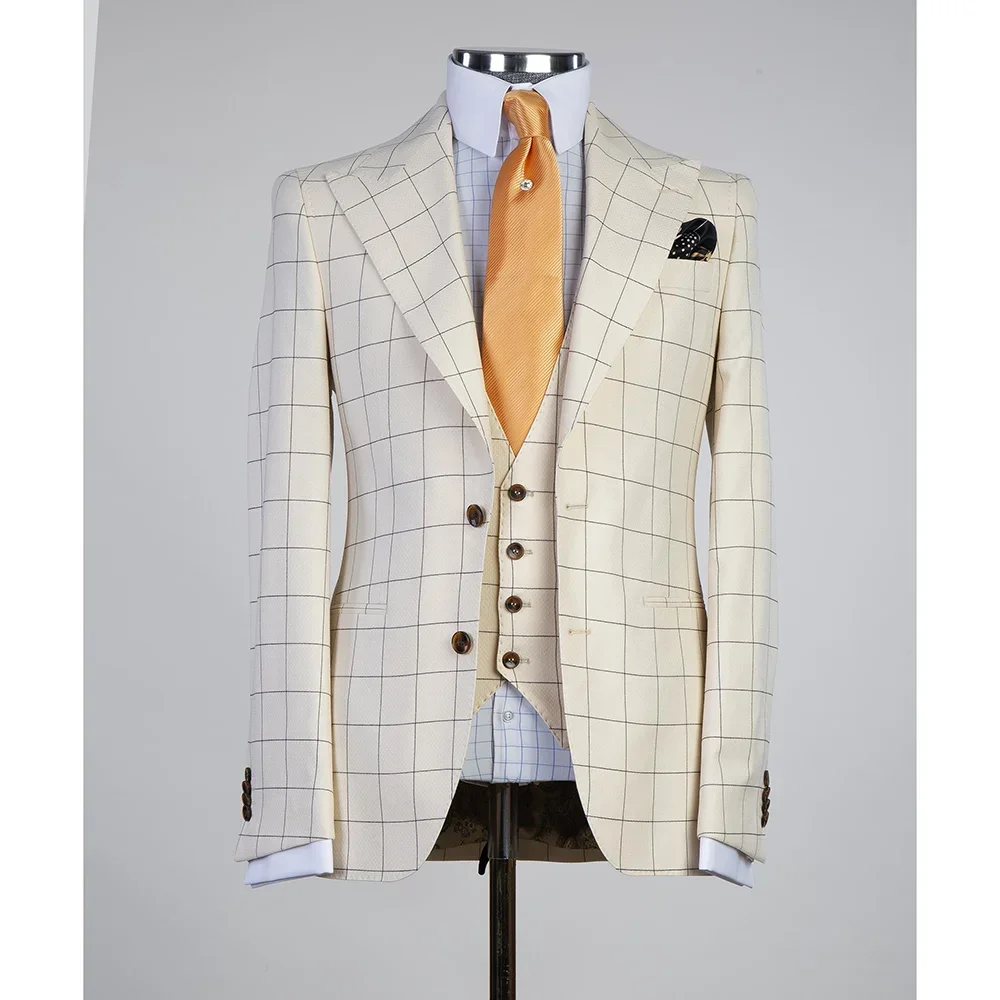 Luxury Ivory Plaid Men Suits 3 Piece Chic Peak Lapel Single Breasted Outfits Office Smart Casual Suit Slim (Blazer+Vest+Pants)
Luxury Ivory Plaid Men Suits 3 Piece Chic Peak Lapel Single Breasted Outfits Office Smart Casual Suit Slim (Blazer+Vest+Pants)