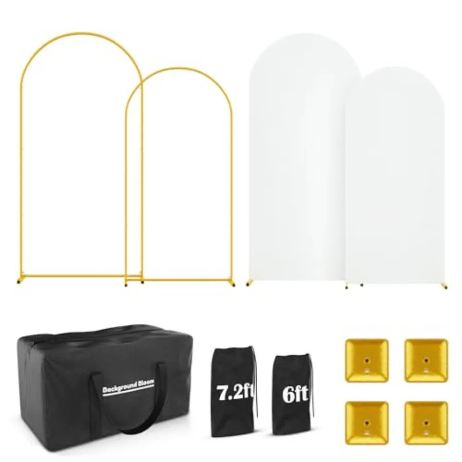 Metal Arch Backdrop Stand and Cover Set with 2 Gold Arches 7.2ft 6ft - Water Weights - 2 White Stretchy Spandex Covers Bags Cas
Metal Arch Backdrop Stand and Cover Set with 2 Gold Arches 7.2ft 6ft - Water Weights - 2 White Stretchy Spandex Covers Bags Cas