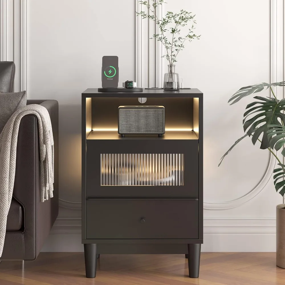 Nightstands,Black Bedside Table with Charging Station and LED Lights, Wooden Bedroom with Glass Drawers Nightstands
Nightstands,Black Bedside Table with Charging Station and LED Lights, Wooden Bedroom with Glass Drawers Nightstands