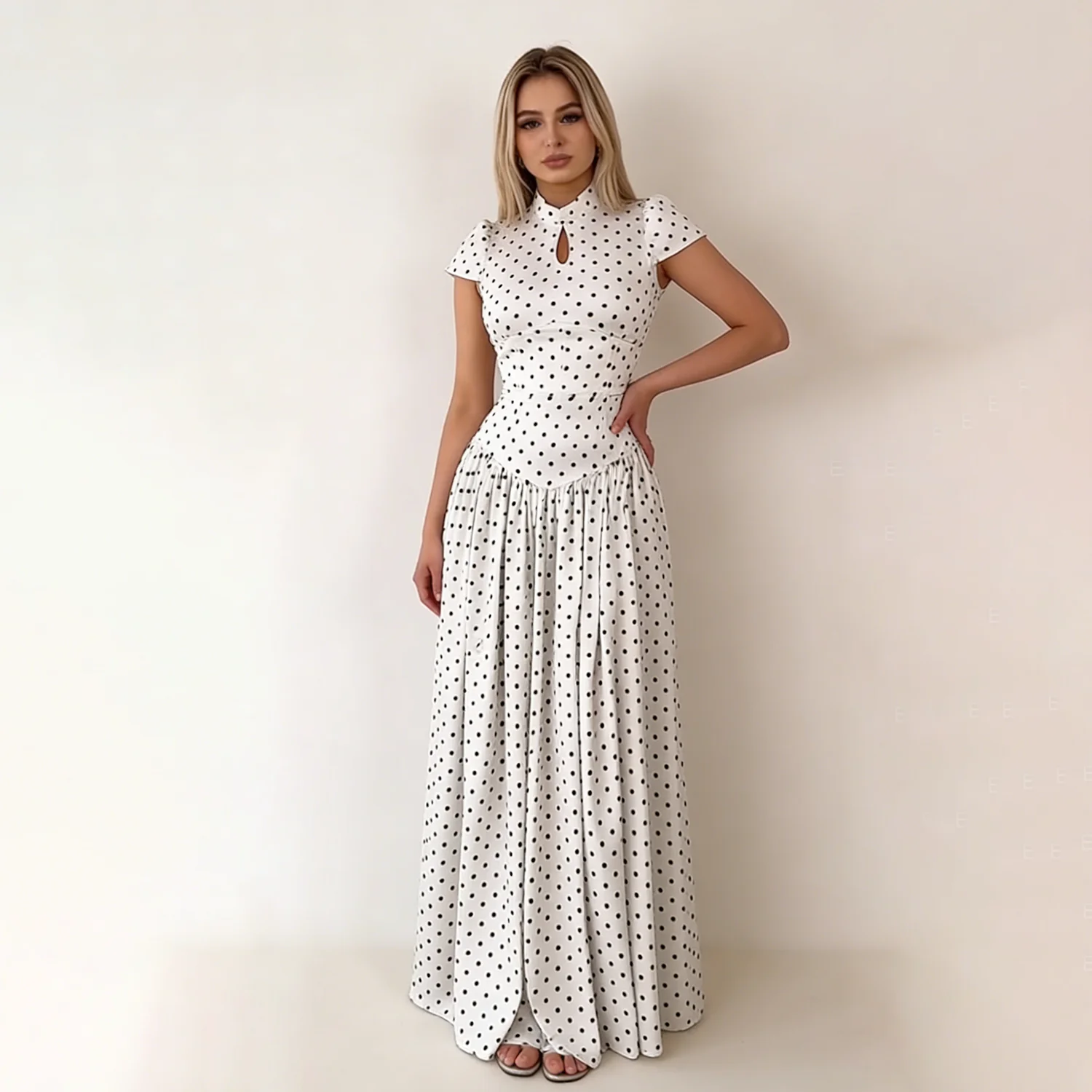 DNBS Elegant polka dot maxi dress for 2026. High neck cap sleeves, fitted waist, Lightweigh flowy skirt.for normal or party.
DNBS Elegant polka dot maxi dress for 2026. High neck cap sleeves, fitted waist, Lightweigh flowy skirt.for normal or party.