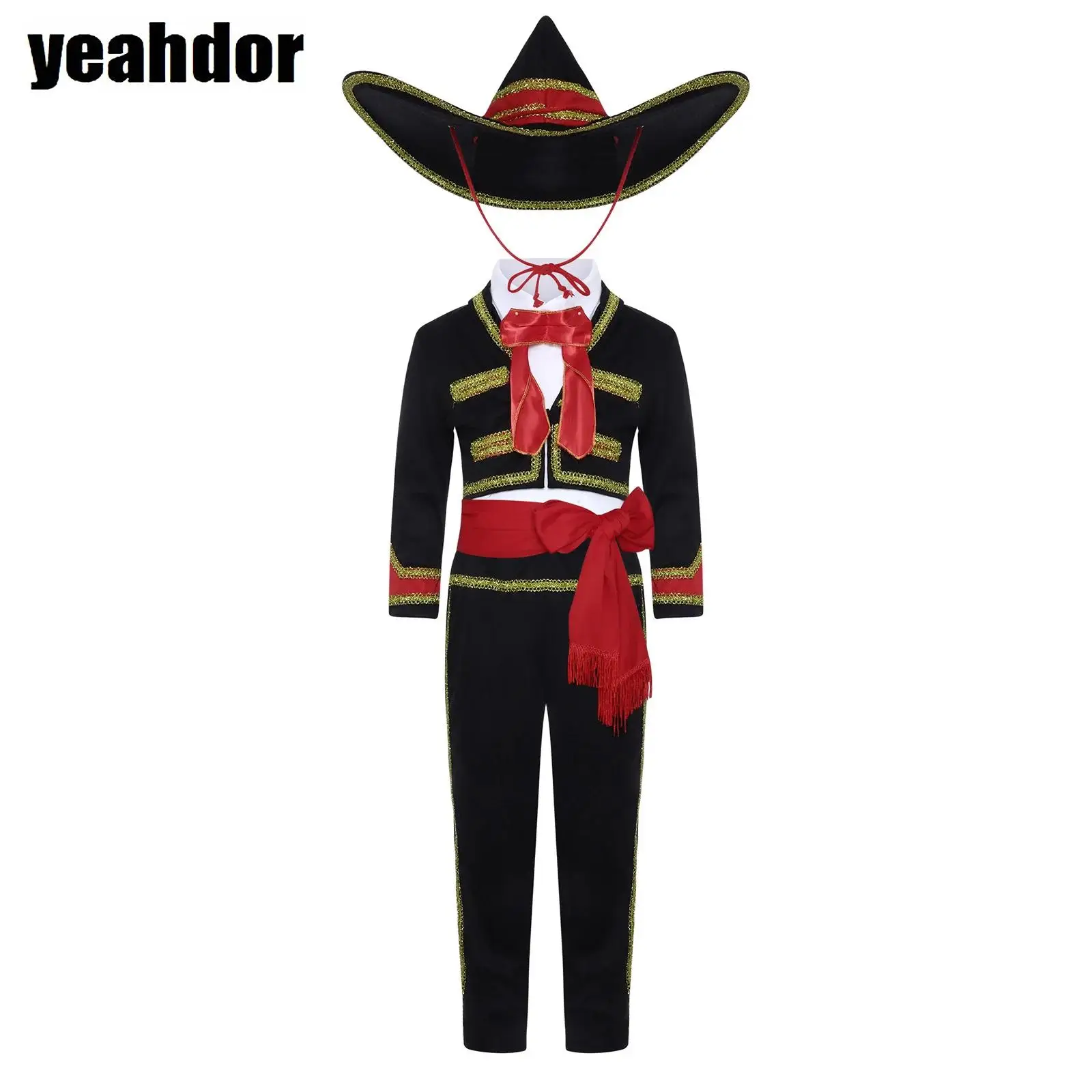 Boys Halloween Mexican Cosplay Costume V-neck Long Sleeve Gold Trim Jacket with Pants Belt Collar Wide Brim Hat Mexican Outfit
Boys Halloween Mexican Cosplay Costume V-neck Long Sleeve Gold Trim Jacket with Pants Belt Collar Wide Brim Hat Mexican Outfit