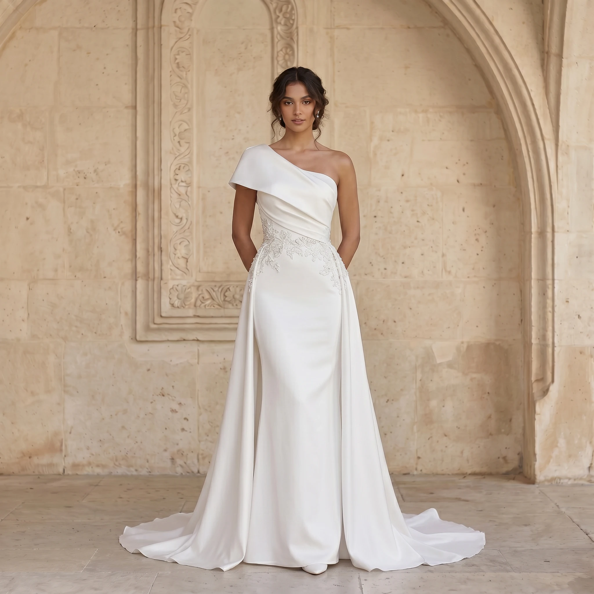 One Shoulder Satin Mermaid Wedding Dress Floral Lace Waist Corset Lace Up Back Chapel Train Bridal Gown
One Shoulder Satin Mermaid Wedding Dress Floral Lace Waist Corset Lace Up Back Chapel Train Bridal Gown