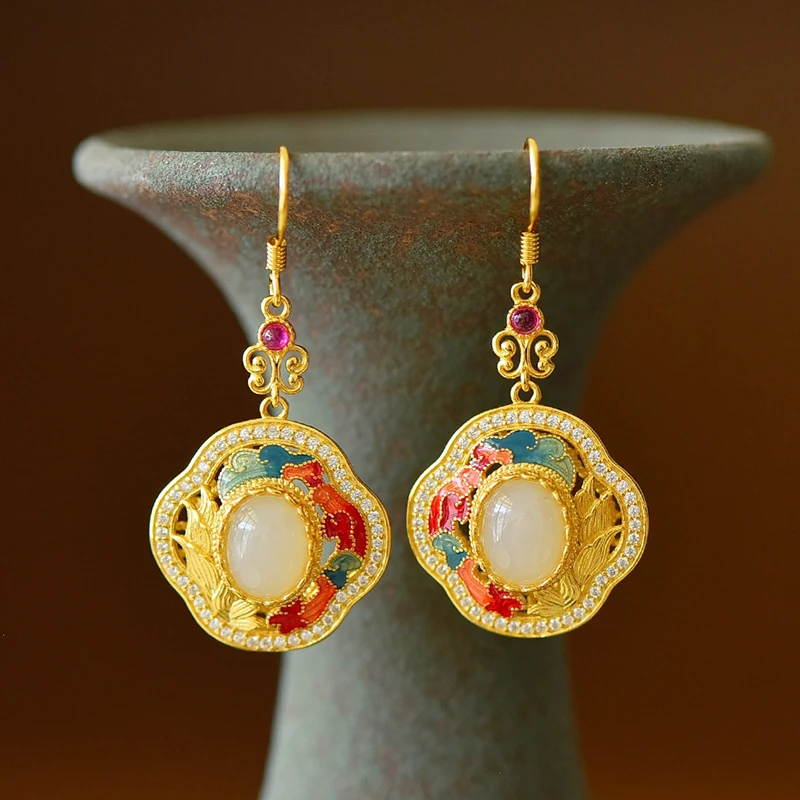 Natural Hetian Jade Earrings, 925 Silver Gold Plated with Enamel Cloud Design, Chinese Palace Style Vintage Jewelry
Natural Hetian Jade Earrings, 925 Silver Gold Plated with Enamel Cloud Design, Chinese Palace Style Vintage Jewelry