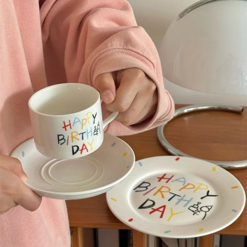 Korean Cartoon Handdrawn Cup Happy Birthday Ceramic Breakfast Cup Cake Plate Cute Coffee Cup and Plate Set As A Gift
Korean Cartoon Handdrawn Cup Happy Birthday Ceramic Breakfast Cup Cake Plate Cute Coffee Cup and Plate Set As A Gift