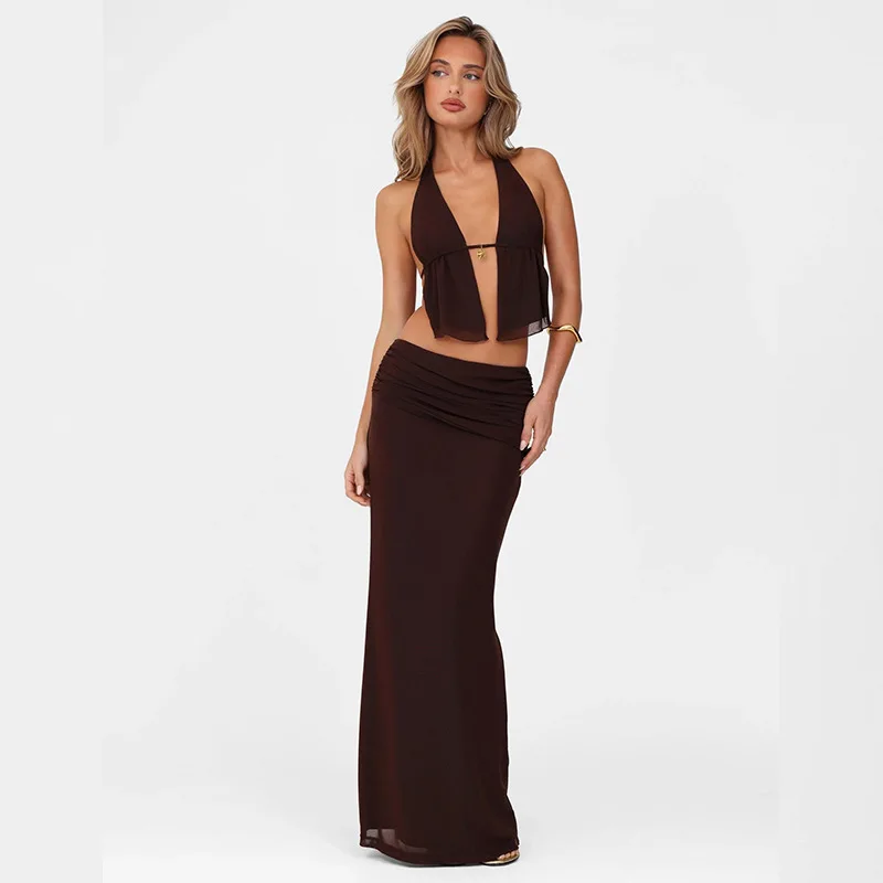 Elegant Hollow Out Lace-up Sexy Skirt 2 Piece Sets Women Brown Halter Crop Tops and Maxi Skirt Female Skinny Sexy Two Piece Set
Elegant Hollow Out Lace-up Sexy Skirt 2 Piece Sets Women Brown Halter Crop Tops and Maxi Skirt Female Skinny Sexy Two Piece Set
