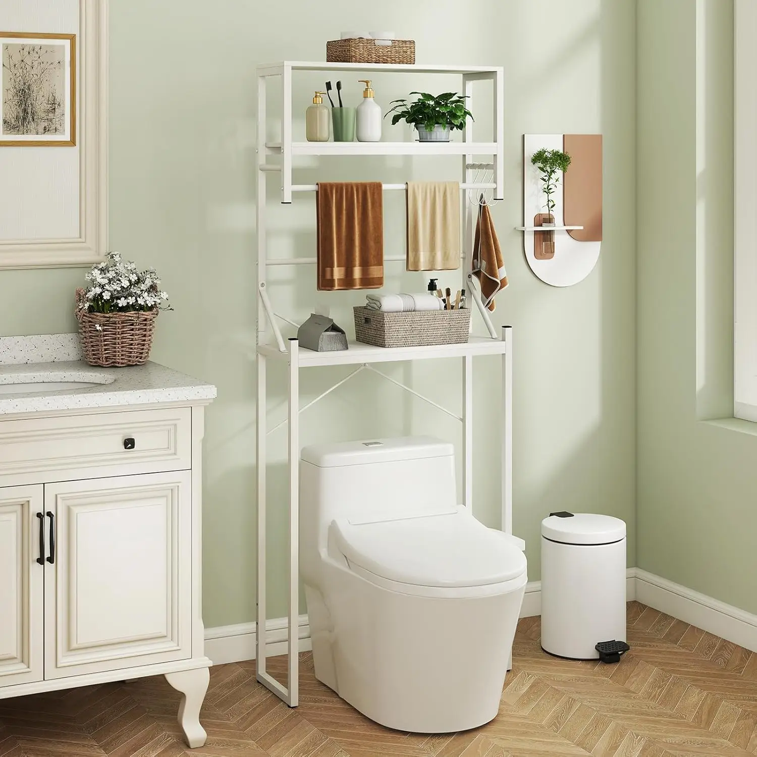 3-Tier Over The Toilet Storage, 64” Tall Bathroom Shelf Space Saver with Hanging Bar, 3 S-Shaped Hooks, Metal Legs, Freestan
3-Tier Over The Toilet Storage, 64” Tall Bathroom Shelf Space Saver with Hanging Bar, 3 S-Shaped Hooks, Metal Legs, Freestan