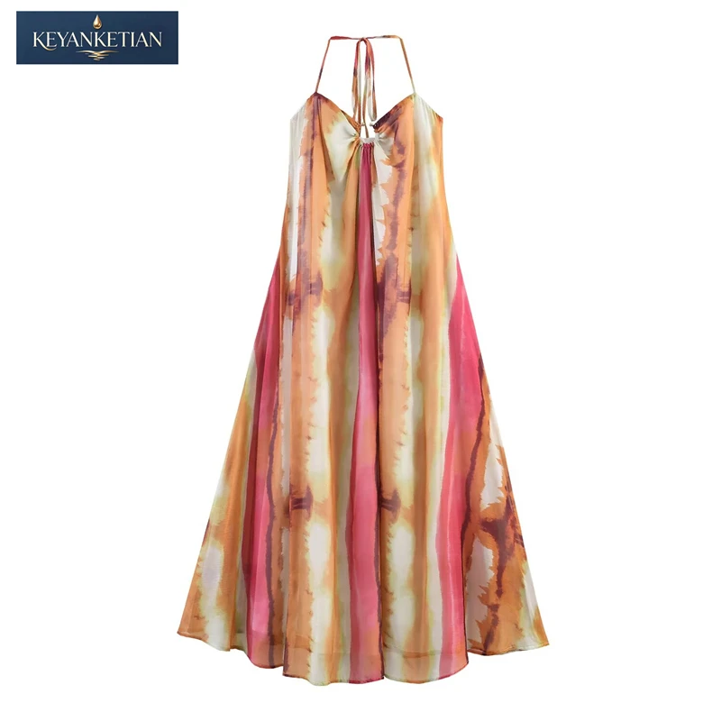 KEYANEKTIAN Boho Tie-Dye Halter Neck Maxi Dress Flowy Chiffon A-Line Dress Open Back with Tie Detail Summer Vacation Beach Wear
KEYANEKTIAN Boho Tie-Dye Halter Neck Maxi Dress Flowy Chiffon A-Line Dress Open Back with Tie Detail Summer Vacation Beach Wear