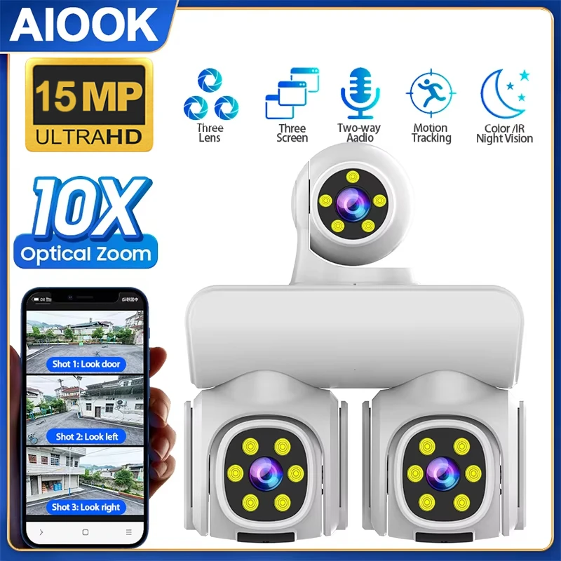 AIOOK Surveillance Camera Outdoor Waterproof Three Lens HD 15MP WIFI IP Camera Night Vision Mobile Tracking CCTV Camera
AIOOK Surveillance Camera Outdoor Waterproof Three Lens HD 15MP WIFI IP Camera Night Vision Mobile Tracking CCTV Camera