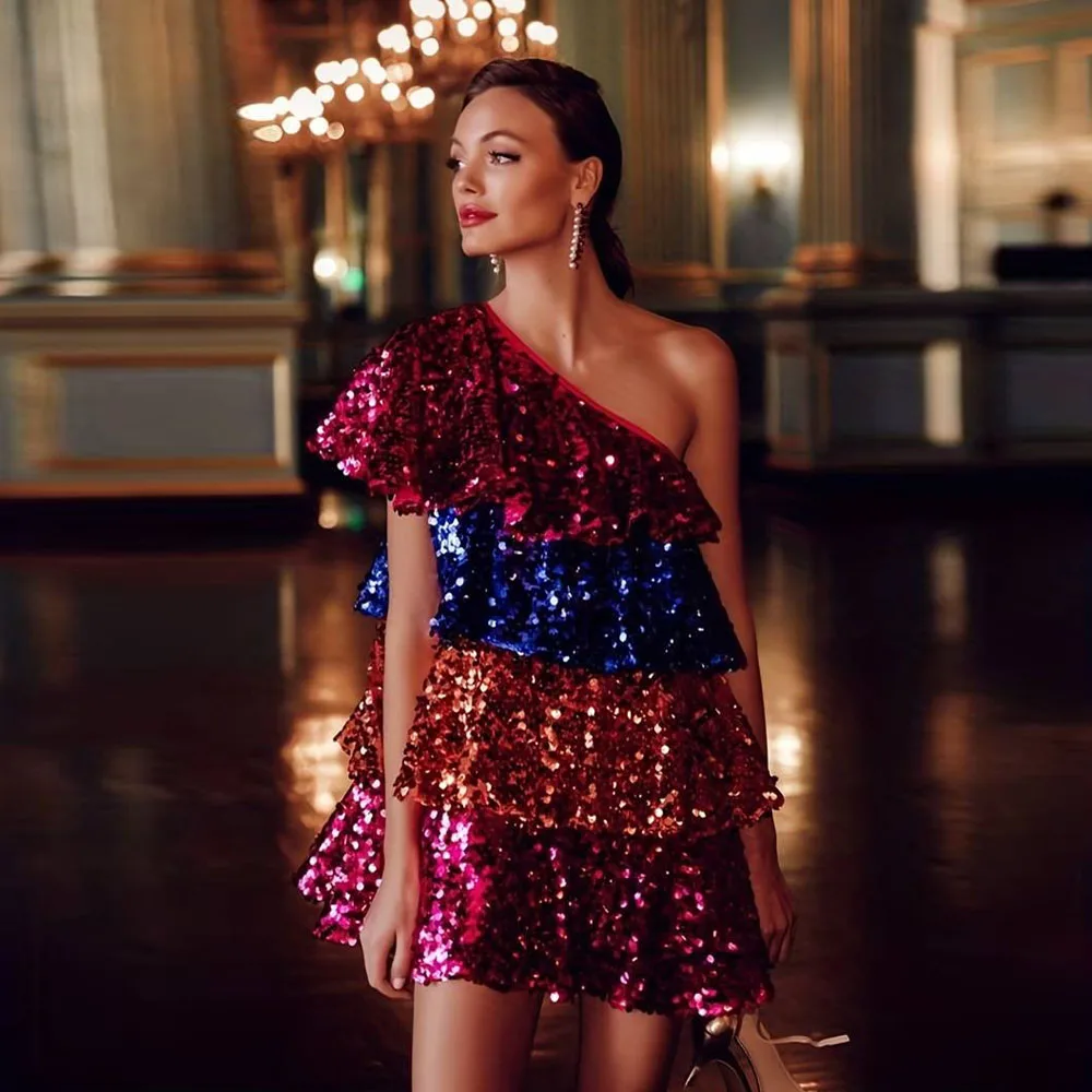 Sparkle Multi Colored Sequined Mini Dresses One Shoulder Layered A-line Women Holiday Dresses Female Maxi Dress To Party
Sparkle Multi Colored Sequined Mini Dresses One Shoulder Layered A-line Women Holiday Dresses Female Maxi Dress To Party