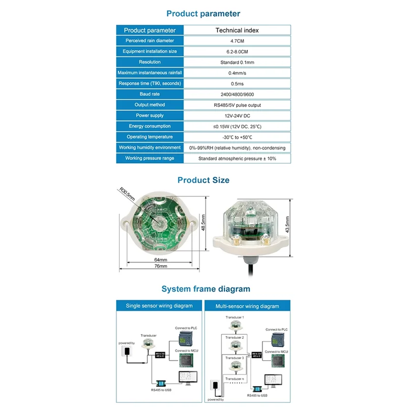MLGB-RS485 Infrared Optical Rain Sensor High Precision For Weather Station Rain Transmitter Rainstorm Monitoring Smart Home
MLGB-RS485 Infrared Optical Rain Sensor High Precision For Weather Station Rain Transmitter Rainstorm Monitoring Smart Home