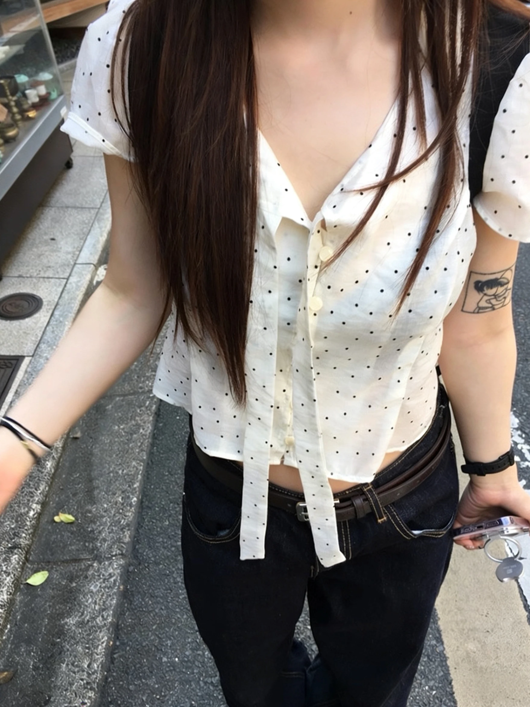 Polka Dot Sash Shirt Women Chic Single Button Loose Straight Short Sweet Anti Aging Thin Small Top Cotton Polyester V Neck ...
Polka Dot Sash Shirt Women Chic Single Button Loose Straight Short Sweet Anti Aging Thin Small Top Cotton Polyester V Neck ...