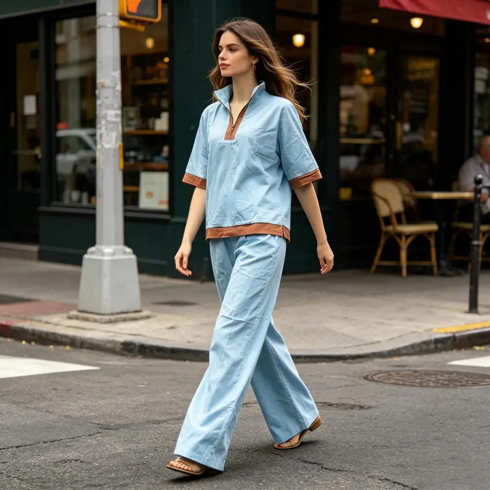 Comfortable Autumn Wear Color Block Cotton Linen Set Half Sleeve Zip-up Top Wide Leg Pants Summer Lounge Outfit for Women Loose
Comfortable Autumn Wear Color Block Cotton Linen Set Half Sleeve Zip-up Top Wide Leg Pants Summer Lounge Outfit for Women Loose