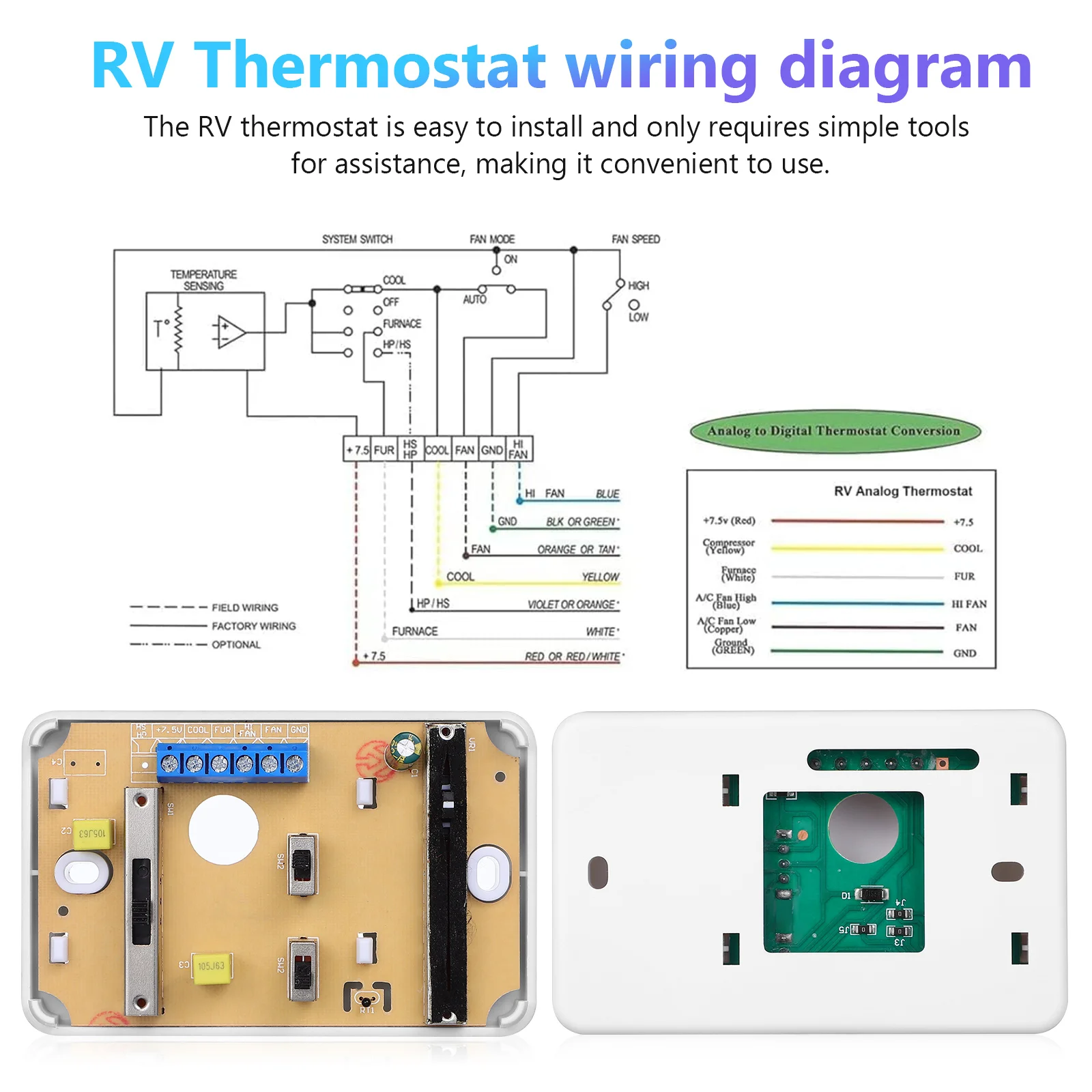 RV Thermostat Controller Camper Wall Replacement Heat Cool Analog Temperature Control Easy Install Wide Application Strong ABS
RV Thermostat Controller Camper Wall Replacement Heat Cool Analog Temperature Control Easy Install Wide Application Strong ABS