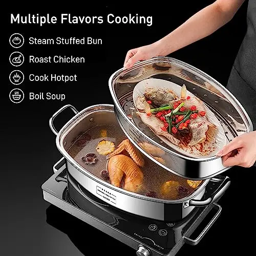 Stainless Steel Two-Compartment Steamer With Glass Lid, Ceramic Tray, Rack, And Heat-Resistant Gloves For Fish, Chicken, Soup
Stainless Steel Two-Compartment Steamer With Glass Lid, Ceramic Tray, Rack, And Heat-Resistant Gloves For Fish, Chicken, Soup