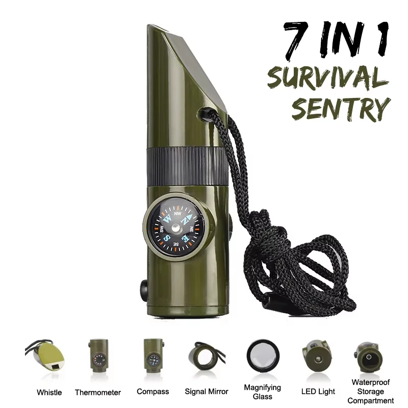 7 in 1 Jungle Survival Whistle Hiking Whistle Compass Mirror Flashlight Magnifier LED Light Thermometer Storage Compass Tool
7 in 1 Jungle Survival Whistle Hiking Whistle Compass Mirror Flashlight Magnifier LED Light Thermometer Storage Compass Tool