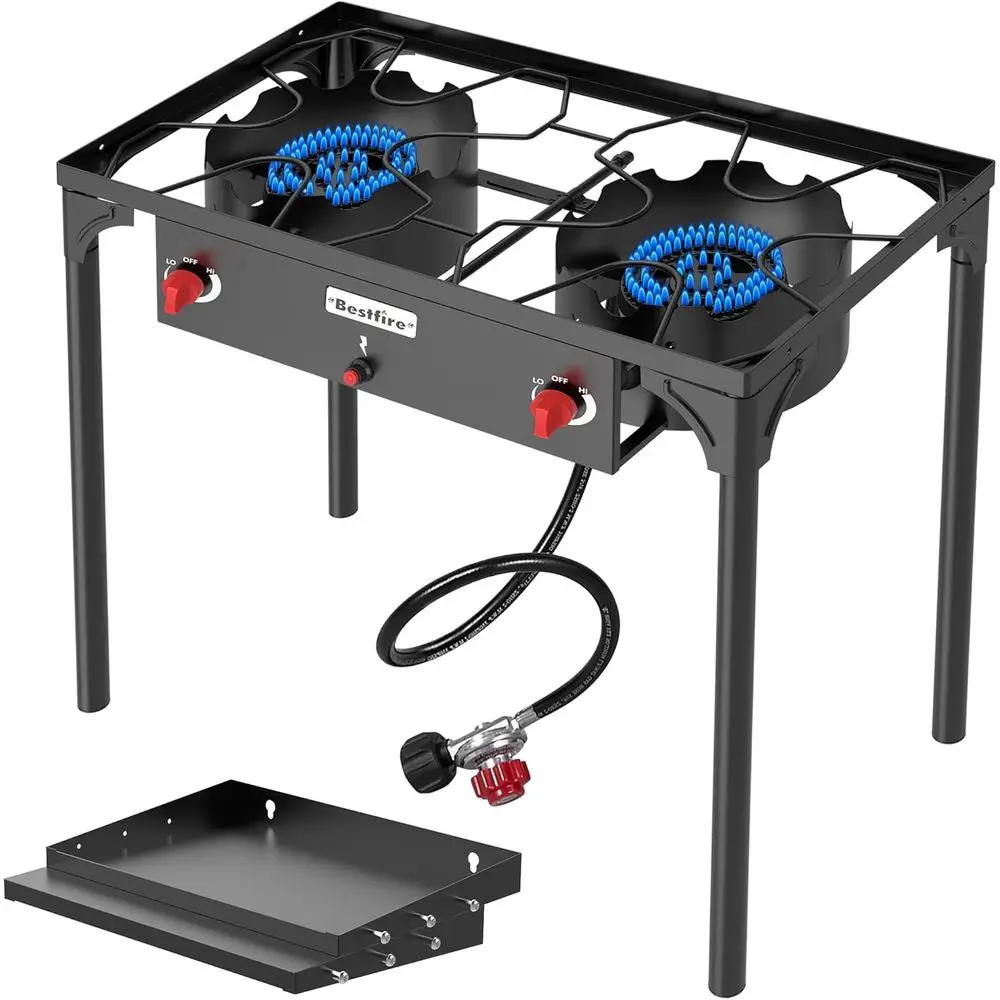 Portable 2-Burner Propane Camping Stove with 20 PSI Regulator Hose and Adjustable Legs for Outdoor Cooking
Portable 2-Burner Propane Camping Stove with 20 PSI Regulator Hose and Adjustable Legs for Outdoor Cooking
