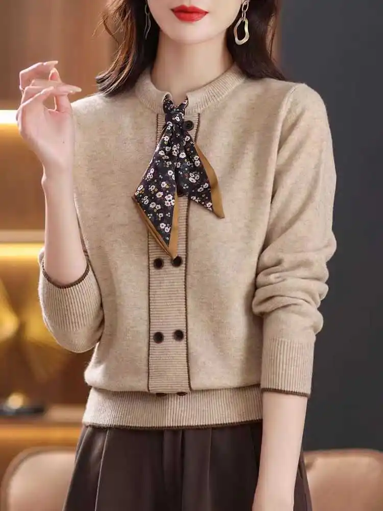 Ele женский вязаный свитер с шелковым шарфом и завязкой с высоким воротником, осень-зима, модный базовый слой для поездок на работу
Ele женский вязаный свитер с шелковым шарфом и завязкой с высоким воротником, осень-зима, модный базовый слой для поездок на работу