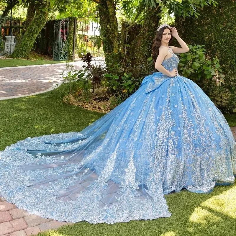 Customized Blue Shiny Ball Gown Quinceanera Dresses Suspenders Sequin Applique Lace Beads Bow Tull Party Birthday Vestidos 15 An
Customized Blue Shiny Ball Gown Quinceanera Dresses Suspenders Sequin Applique Lace Beads Bow Tull Party Birthday Vestidos 15 An