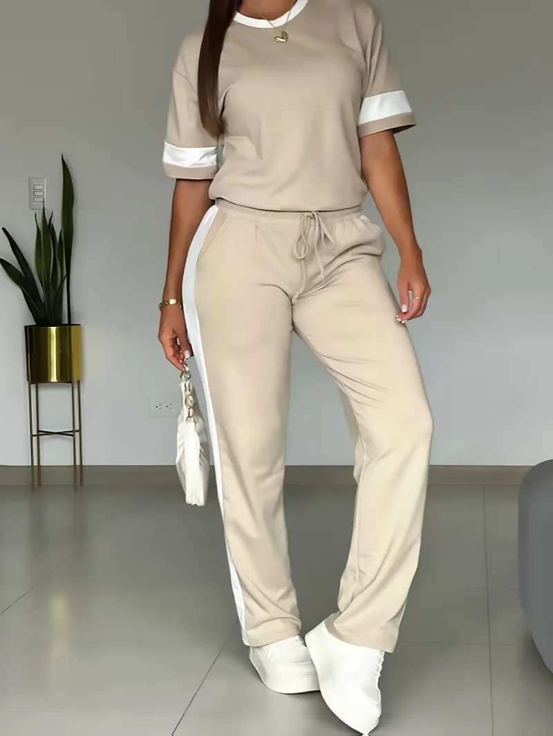 Women Summer Casual Side Stripes Contrasting Tracksuits Round Neck Short-sleeved Top And Drawstring Pants Two Piece Set
Women Summer Casual Side Stripes Contrasting Tracksuits Round Neck Short-sleeved Top And Drawstring Pants Two Piece Set