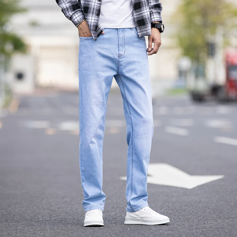 Summer Men Thin Loose Straight Jeans Classic Style Business Casual High Stretch Denim Pants Light Blue Dark Blue Brand Trousers
Summer Men Thin Loose Straight Jeans Classic Style Business Casual High Stretch Denim Pants Light Blue Dark Blue Brand Trousers