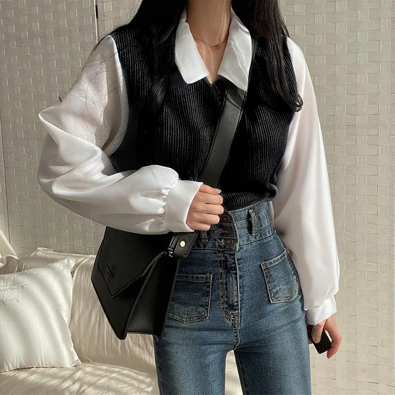 False Two-Piece Polo Collar Shirts Fashion Women Spring Summer Korean Casual Y2K Pullovers Blouses Elegant Female Clothes Tops
False Two-Piece Polo Collar Shirts Fashion Women Spring Summer Korean Casual Y2K Pullovers Blouses Elegant Female Clothes Tops