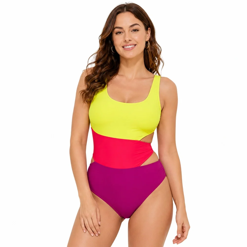 Women Color Block One Piece Swimsuit Yellow Green Pink Magenta Cross Back Strap Side Cutout Chest Pads Beach Pool Vacation
Women Color Block One Piece Swimsuit Yellow Green Pink Magenta Cross Back Strap Side Cutout Chest Pads Beach Pool Vacation