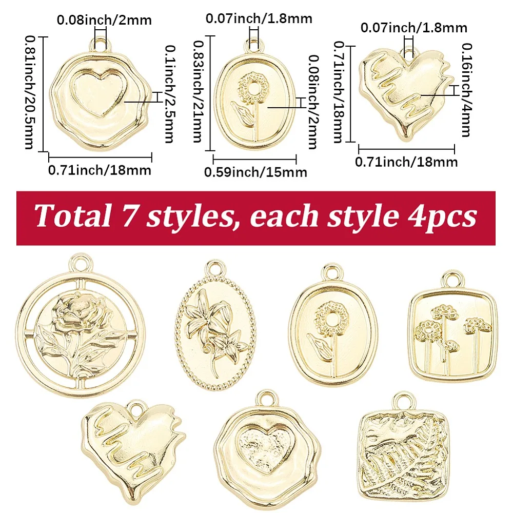 28Pcs 7 Styles Alloy Pendants Golden Mixed Shapes 18~23x14~20x2~4mm Hole: 1.6~2mm 4pcs/style
28Pcs 7 Styles Alloy Pendants Golden Mixed Shapes 18~23x14~20x2~4mm Hole: 1.6~2mm 4pcs/style