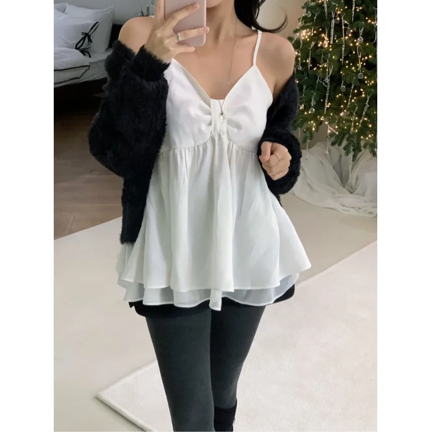 달콤한 베스트 탑 레이스 셔츠 2025년 봄 100% 폴리에스터 달콤한 매치하기 쉬운 두꺼운 베스트 탑 상의 셔츠