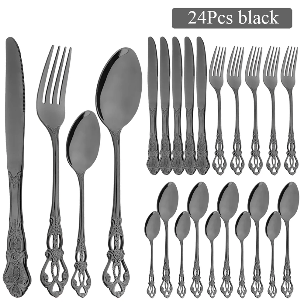 24Pcs Vintage Silverware Luxury Black Dinnerware Stainless Steel Cutlery Set Knife Spoon Fork Flatware Set Western Tableware Set
24Pcs Vintage Silverware Luxury Black Dinnerware Stainless Steel Cutlery Set Knife Spoon Fork Flatware Set Western Tableware Set