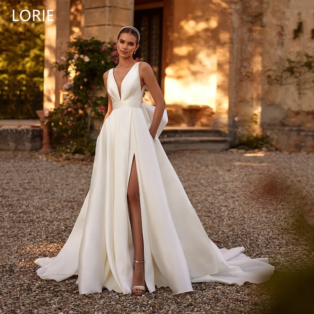 LORIE Elegant Satin Wedding Dresses Pleats V-Neck Bow Bride Prom Gown Backless Side Slit A-Line Bridal Gowns Customized
LORIE Elegant Satin Wedding Dresses Pleats V-Neck Bow Bride Prom Gown Backless Side Slit A-Line Bridal Gowns Customized